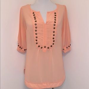 Angie Peach Blouse Sheer fabric 3/4 length sleeve